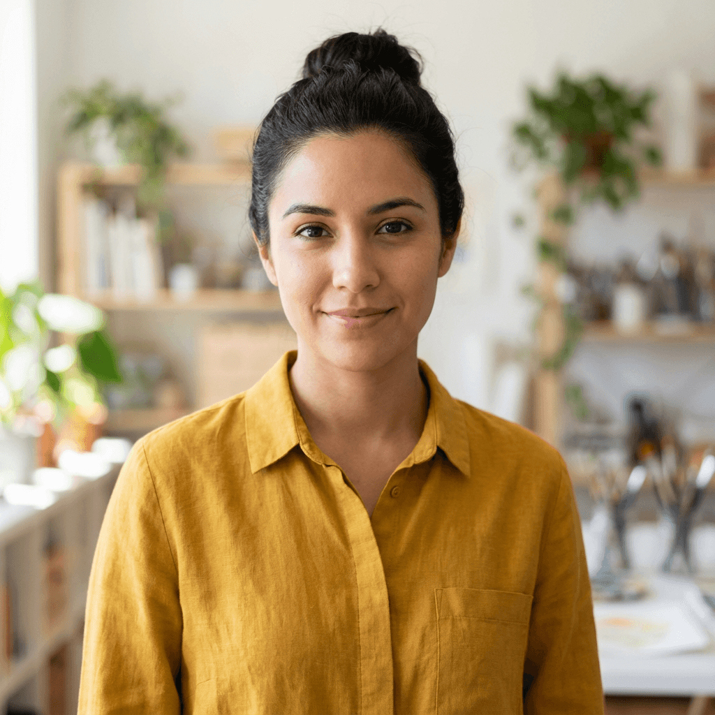 Female digital advertising specialist in her early 30s, Hispanic, professional approachable demeanor suitable for client-facing work