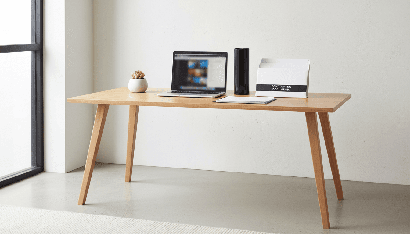 Modern minimal office desk with laptop and privacy documents