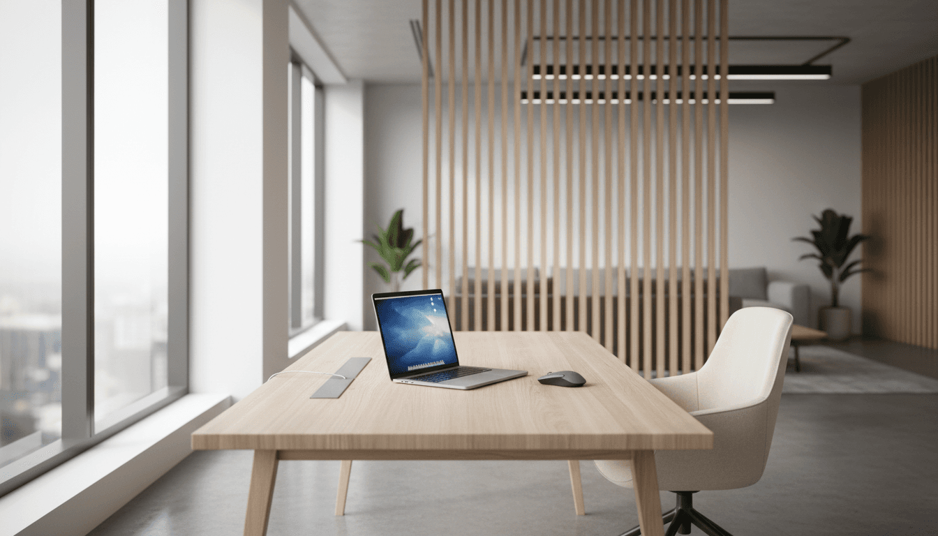 Modern corporate office interior with a clean desk and laptop