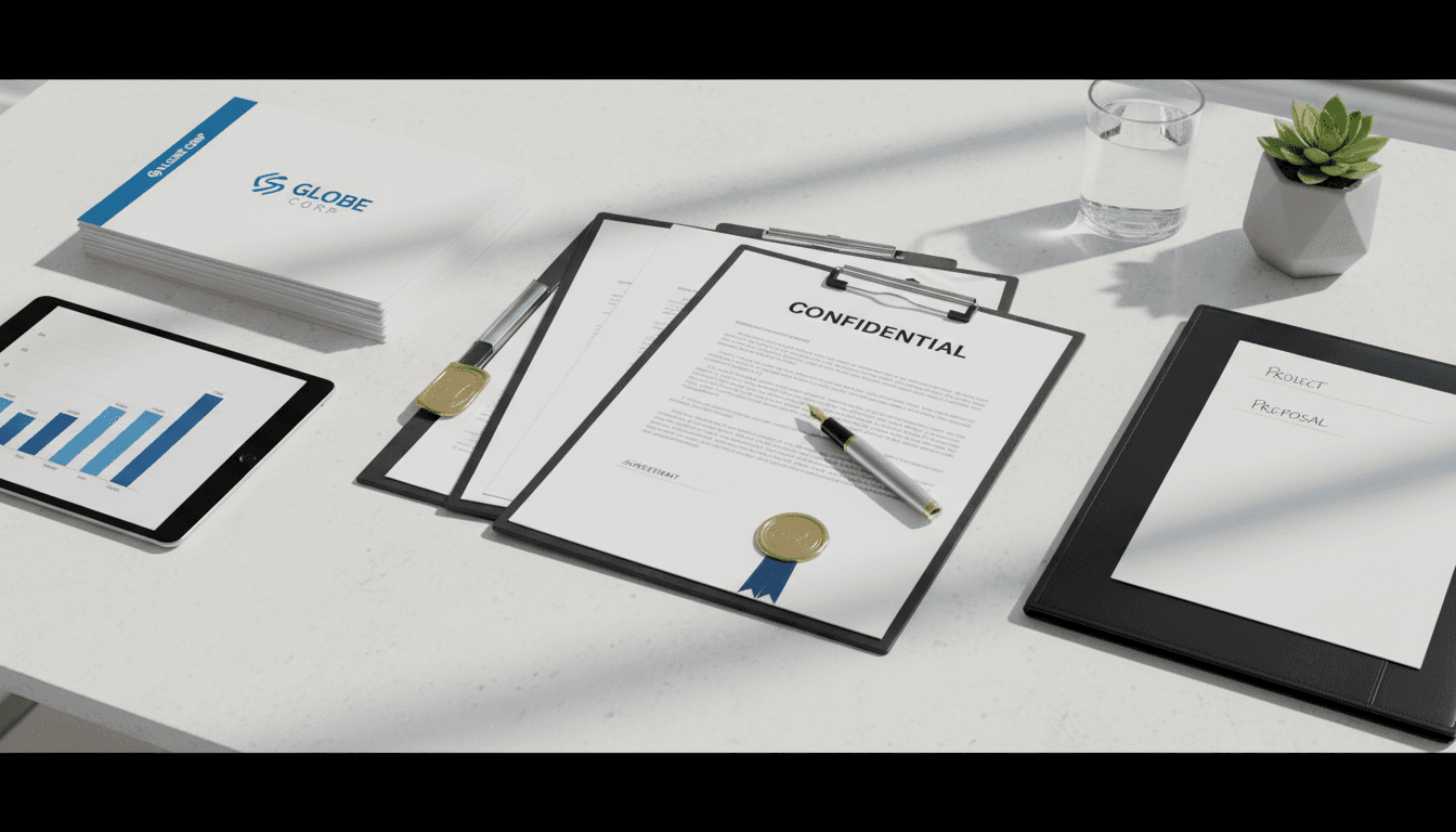 Corporate contract documents and pen arranged on a clean desk