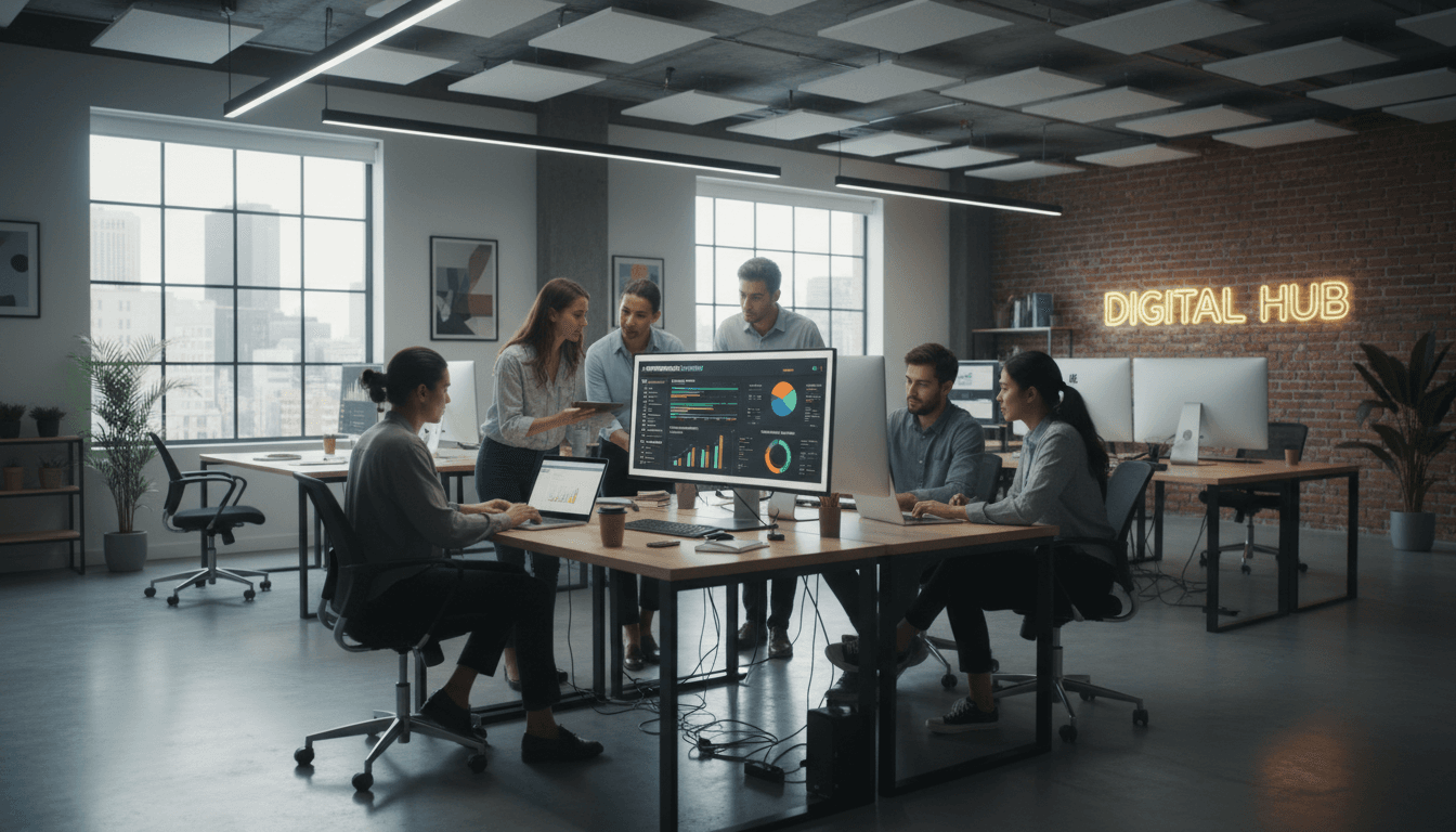 Marketing professional reviewing campaign analytics on a desktop monitor in a bright modern office