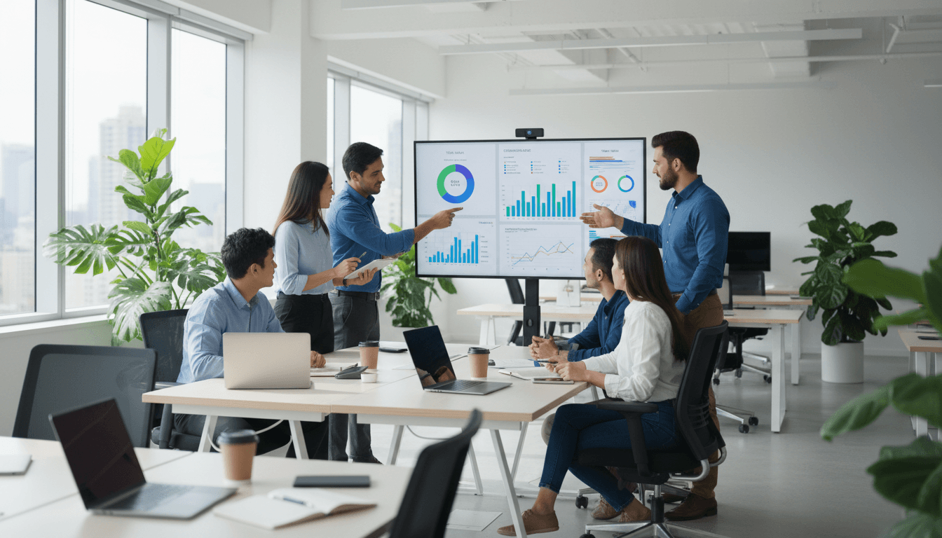 Marketing team reviewing a campaign dashboard on a large monitor