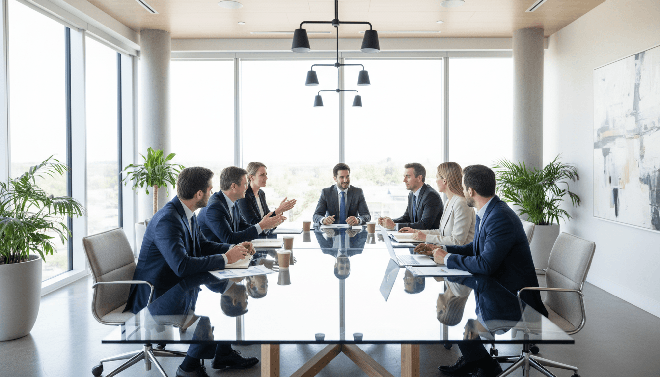 Business professionals collaborating around a table in a bright modern office