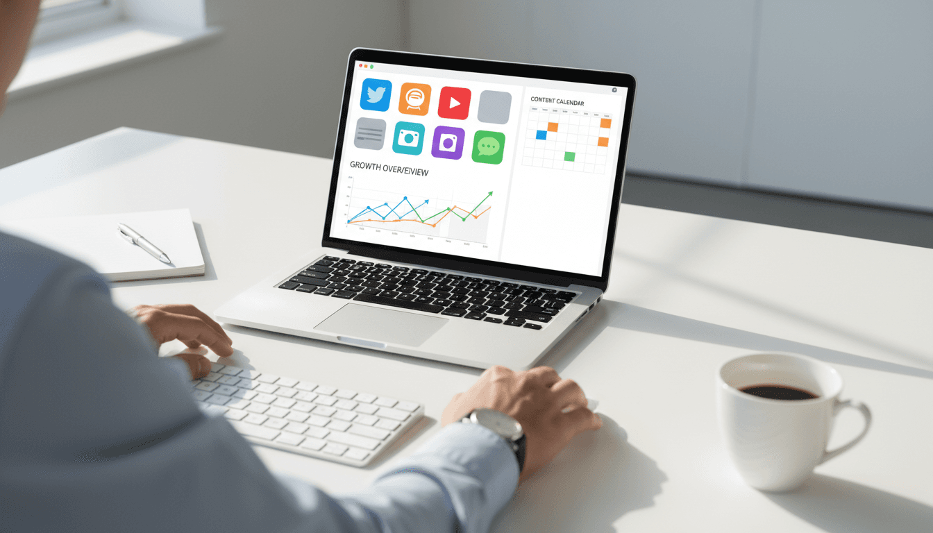 Social media content calendar displayed on a laptop screen
