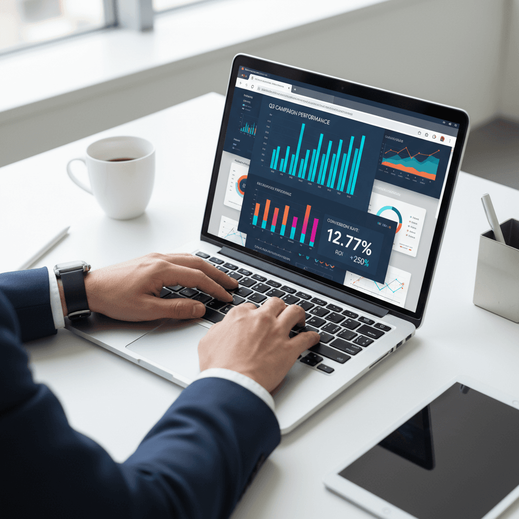 Professional reviewing marketing analytics dashboard on laptop in a bright office
