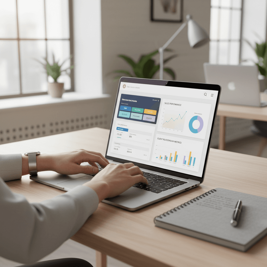 B2B marketing consultant on a call in a modern office with a laptop showing analytics
