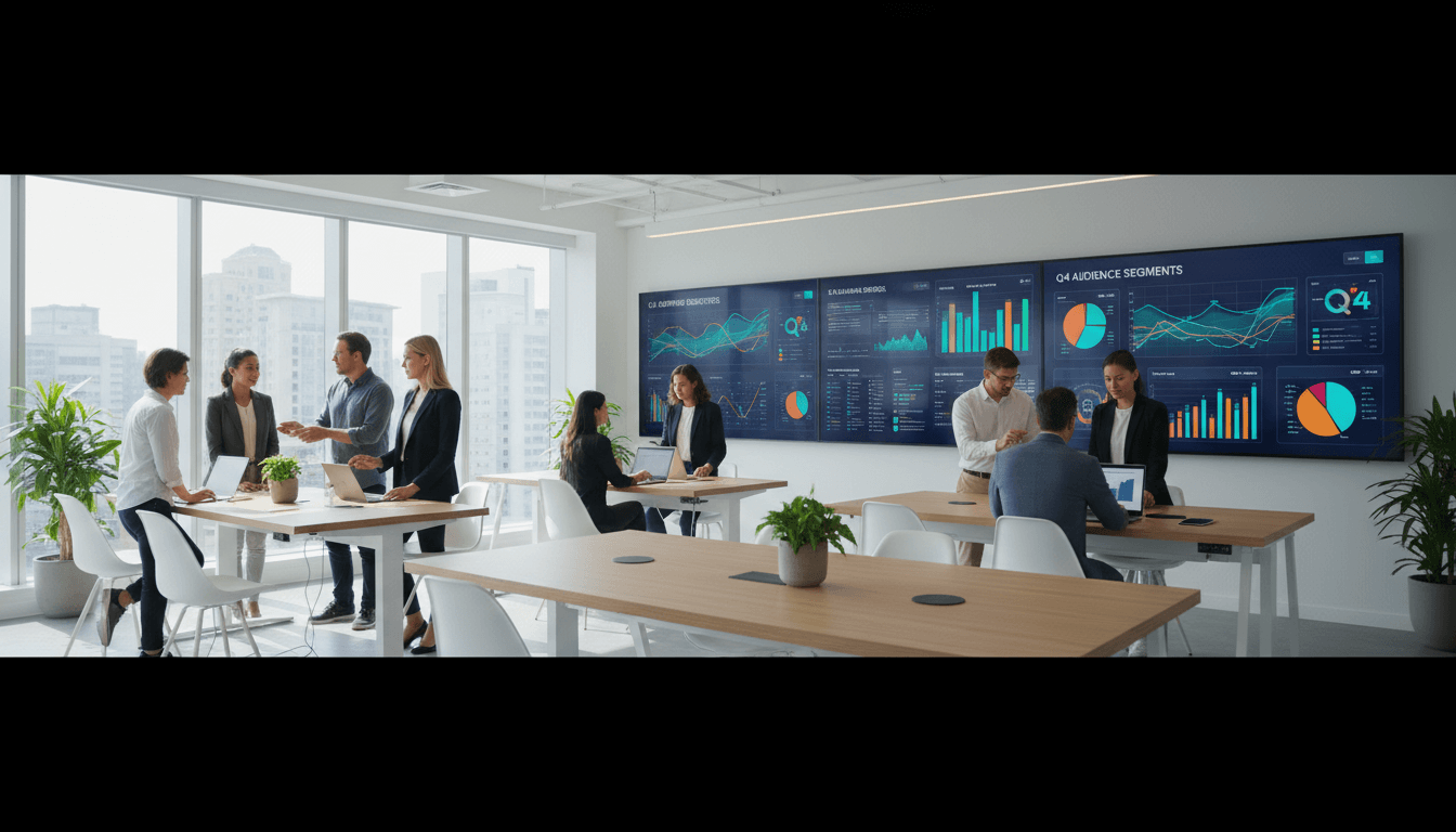 Marketing team reviewing campaign metrics on a large screen in a modern office with clean design and data dashboards