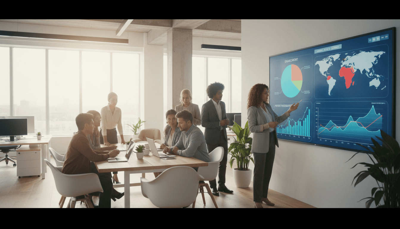 Marketing team reviewing campaign analytics on a large monitor in a modern office
